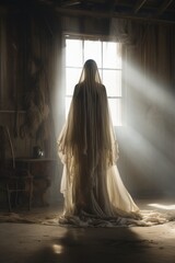 Wall Mural - a woman in a white dress standing in an empty room