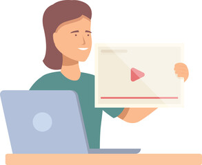 Poster - Smiling woman showing video player screen sitting at desk with laptop computer