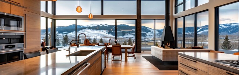 Wall Mural - A large, open kitchen with a view of the mountains. The kitchen is equipped with a sink, stove, and oven. The living room has a fireplace and a couch. The dining room has a table and chairs