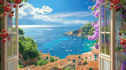 Aufkleber - A beautiful view of a small town with a blue ocean in the background. The town is filled with boats and houses