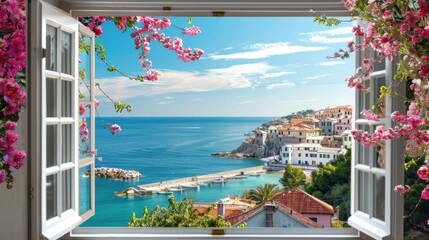 Aufkleber - A view of a beautiful beach with a small town in the background. The sky is clear and the water is calm. The view is serene and peaceful