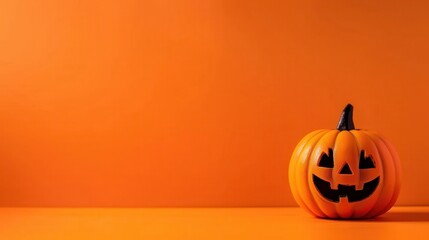 Poster - This image features a carved pumpkin with a smiling face, sitting on a bright orange background. The pumpkin is the focal point of the image, with its carved features clearly visible. The orange backg