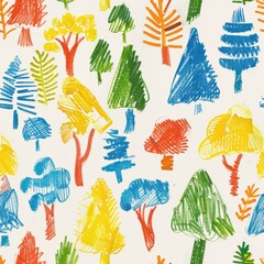 Poster - A seamless pattern of colorful hand-drawn trees on white paper. The trees are drawn in various shapes and sizes and are filled with bright colors, including yellow, green, blue, red, and orange. The p