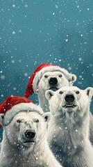 Poster - Three polar bears wearing red hats and santa hats are standing in the snow. The image has a festive and joyful mood, as the bears are dressed up for Christmas