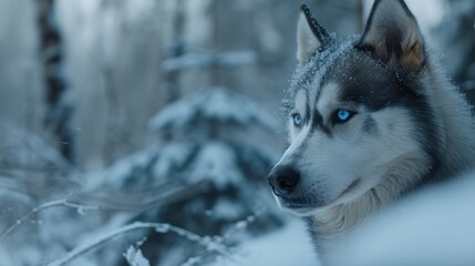 Aufkleber - A dog with blue eyes is standing in the snow. The image has a calm and peaceful mood, as the dog is looking out into the distance