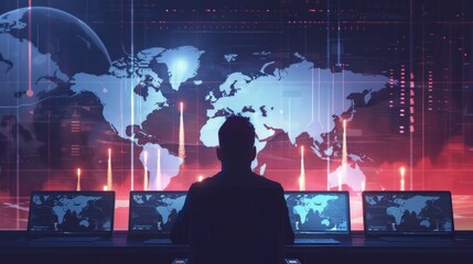 Fototapete - A man is sitting in front of a computer monitor with a map of the world on the screen. The man is looking at the monitor, and the map is filled with red and blue lights