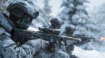 Aufkleber - A man in a camouflage jacket is holding a rifle and looking at the camera. He is surrounded by snow and trees