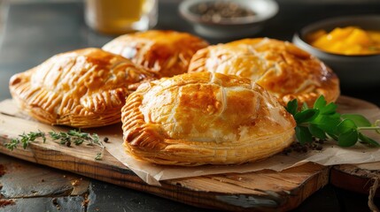 Poster - A plate of four pastries with herbs on top. The pastries are golden brown and look delicious