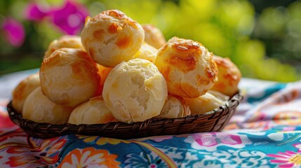 Poster - A basket full of pastries sits on a table. The pastries are golden brown and appear to be baked. The basket is woven and the tablecloth is blue and floral