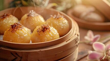 Aufkleber - A bowl of food with four pieces of food in it. The food is yellow and has a lot of seasoning on it
