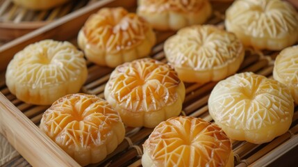 Poster - A tray of small, golden pastries with intricate designs. The pastries are arranged in a wooden tray and are ready to be served