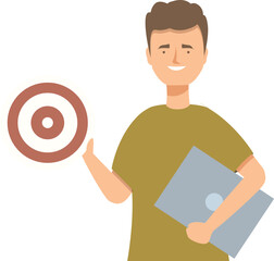 Poster - Young man holding laptop is pointing at target symbol, achieving his goal, business success concept