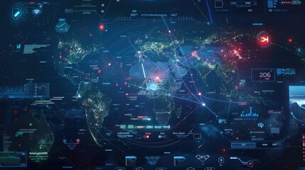 Wall Mural - A computer screen shows a map of the world with many dots and lines. The map is filled with information about different countries and their connections. Scene is one of complexity