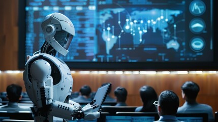 Leinwandbilder - A robot is standing in front of a large screen with a group of people watching. The robot is holding a tablet in its hand
