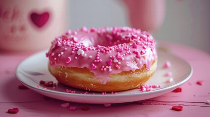 Wall Mural - Indulge in a pink donut adorned with heart shaped sprinkles a sweet and adorable treat perfect for celebrating Valentine s Day and spreading love