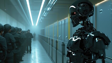 Aufkleber - A robot stands in a hallway with a group of people. The robot is black and has a skull on its head. The people are standing behind the robot, and there are several chairs in the room