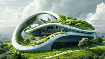 Wall Mural - A building with a lot of green plants on it. The building is curved and has a lot of windows