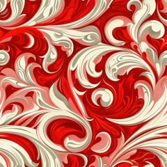 Poster - This image showcases a digitally created abstract pattern design featuring swirling red and white floral shapes. The background is a vibrant red, with white and gray swirls creating intricate floral p
