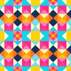 A seamless repeating pattern featuring a colorful geometric design of squares and triangles. The pattern is bright and vibrant, with colors including pink, blue, orange, yellow, and white.