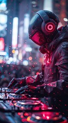 Poster - a man in a black suit with red gloves and a helmet is playing a dj set. the image has a futuristic a