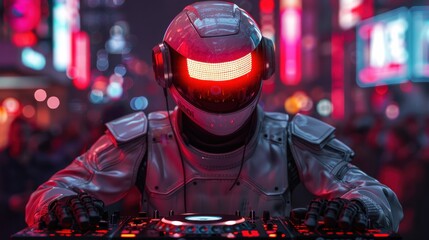 Poster - A man in a robot suit is playing a DJ set. The lights are red and the man is wearing a helmet