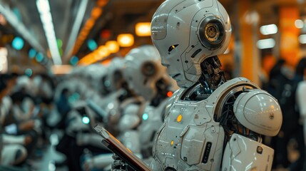 Aufkleber - A robot is holding a tablet in its hand. The robot is surrounded by other robots, all of which are holding tablets. The scene is set in a futuristic environment