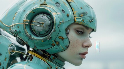 Poster - A woman in a green helmet with gold accents. The robot is in a futuristic setting