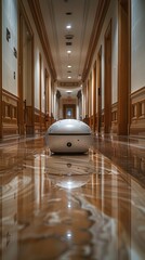 Poster - A robot is sitting in the middle of a hallway. The robot is white and has a camera on its head. The hallway is empty and the robot is the only thing in the scene