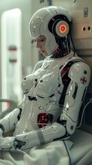 Leinwandbilder - A woman in a white robot suit is laying down in a hospital room. The robot is wearing a red cross on its chest and has a pair of red headphones. The robot is looking at the camera