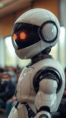 Leinwandbilder - A robot is standing in front of a crowd of people. The robot is white and has a helmet on its head. The robot is looking at the camera with a serious expression