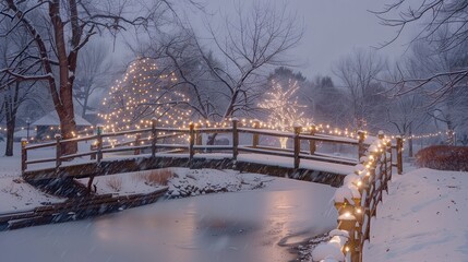Poster - A bridge with lights on it is lit up in the snow