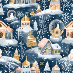 Poster - A blue and white Christmas scene with houses, trees, and snow. Scene is festive and cozy