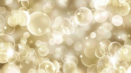 Fototapete - This is a digital abstract background image featuring an array of golden bokeh bubbles. The background is a soft, light gold color with various sizes and shapes of bubbles scattered throughout, creati
