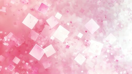 Wall Mural - An abstract background with pink and white squares scattered across a soft pink background. The squares appear to be floating and overlapping, creating a sense of depth and movement. The image has a s