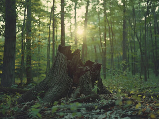 Canvas Print - Sunlight filters through trees, illuminating a forest scene with a central dead tree stump. Ideal for nature and forest themes.