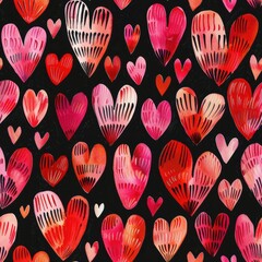Fototapete - This image features a seamless pattern of watercolor hearts in shades of red and pink on a black background. The hearts are drawn in a variety of sizes and styles, with some featuring detailed line wo
