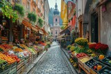 Fototapeta Uliczki - A bustling European street market, filled with colorful stalls selling fresh produce, flowers, and local crafts, with cobblestone streets and historic buildings in the background. 