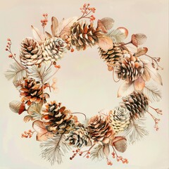 Poster - This image features a watercolor illustration of a rustic wreath made of pine cones, berries, and leaves. The wreath is arranged in a circular shape, and the pine cones are shown in various sizes and 