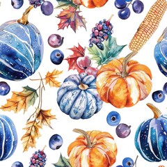 Poster - This is a seamless watercolor pattern featuring blue and orange pumpkins, berries, and fall leaves on a white background. The pumpkins are drawn in a realistic style with intricate details. The leaves