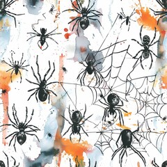 Aufkleber - This image is a watercolor illustration featuring black spiders and cobwebs on a white background. The spiders are depicted in various positions, some crawling on the webs and others hanging from them