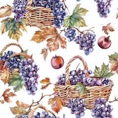 Poster - This watercolor painting depicts a seamless pattern of ripe purple grapes in woven baskets. The grapes are depicted with their stems and leaves, creating a beautiful and realistic representation of a 