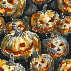 Poster - This watercolor painting depicts several carved pumpkins with different facial expressions. The pumpkins are painted in a realistic style with bright orange, yellow, and brown colors. The background i