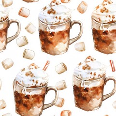 Fototapete - This watercolor illustration features a seamless pattern of hot chocolate with whipped cream and marshmallows. The cups of hot chocolate are depicted in a realistic style, with the whipped cream looki