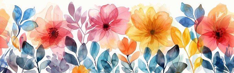 Aufkleber - This image is a watercolor painting of flowers and leaves. The flowers are pink, orange, and yellow. The leaves are blue. The painting is done in a loose, impressionistic style.