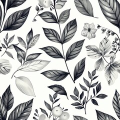 Poster - This is a black and white pencil drawing of a botanical illustration. It features a variety of flowers and leaves in a seamless pattern. The artwork is drawn with meticulous detail, capturing the text