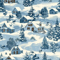 Aufkleber - A watercolor illustration depicting a winter scene of a village nestled amongst snow-covered hills and evergreen trees. The houses are painted in shades of blue and have white snow-covered roofs. The 