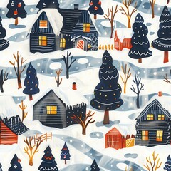 Wall Mural - This illustration depicts a winter village scene with snow-covered houses and trees. The houses have warm, glowing windows, suggesting a cozy atmosphere inside. The snow-covered landscape is dotted wi