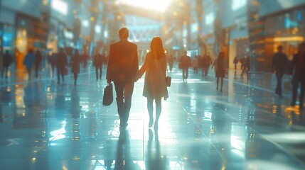 Wall Mural - business people walking in the corridor of an business center, pronounced motion blur, crowded bright modern light office movement defocused. office background busy. talking and rushing in the lobby.