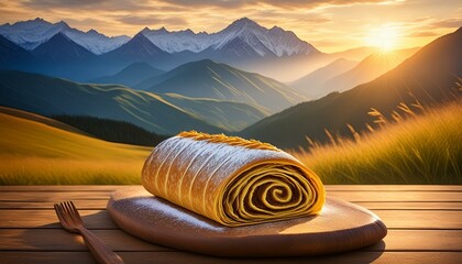 sudtiroler strudel on a wooden table in the mountains