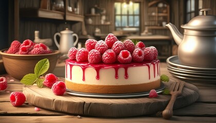 Wall Mural - Raspberry cheese cake on a wooden table in a rustic style kitchen